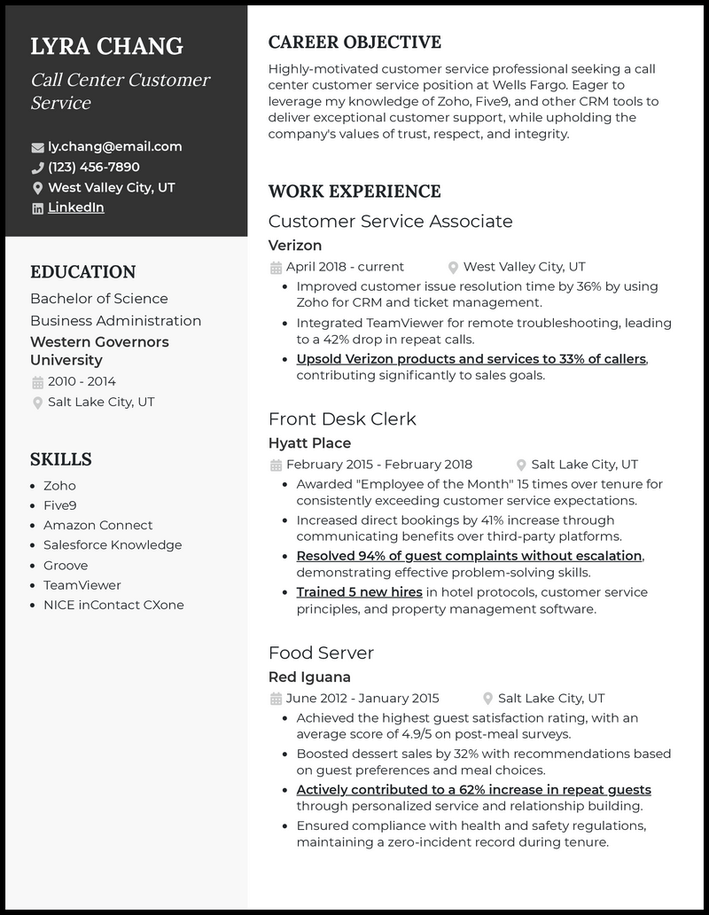 Modern call center customer service resume example with 7+ years experience