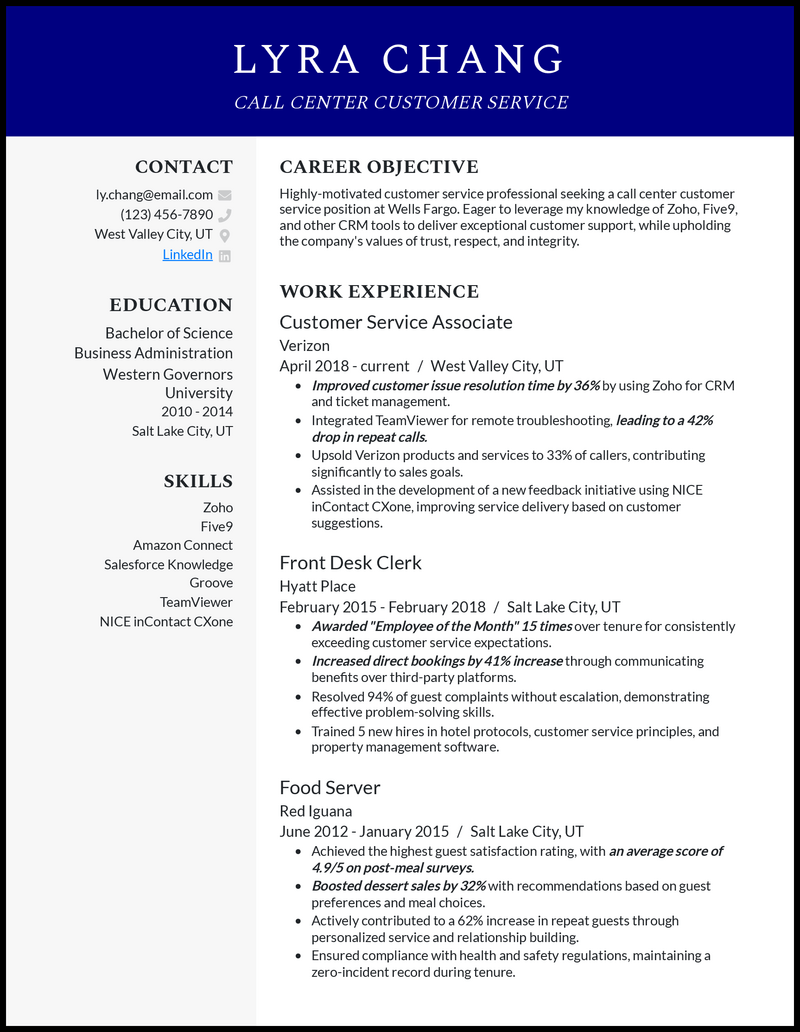 Call center customer service resume example with 7+ years experience