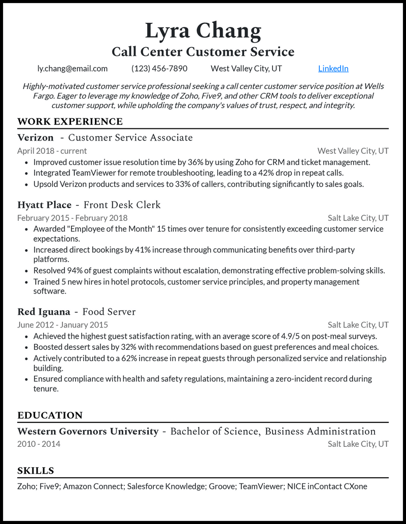 Professional call center customer service resume example with 7+ years experience