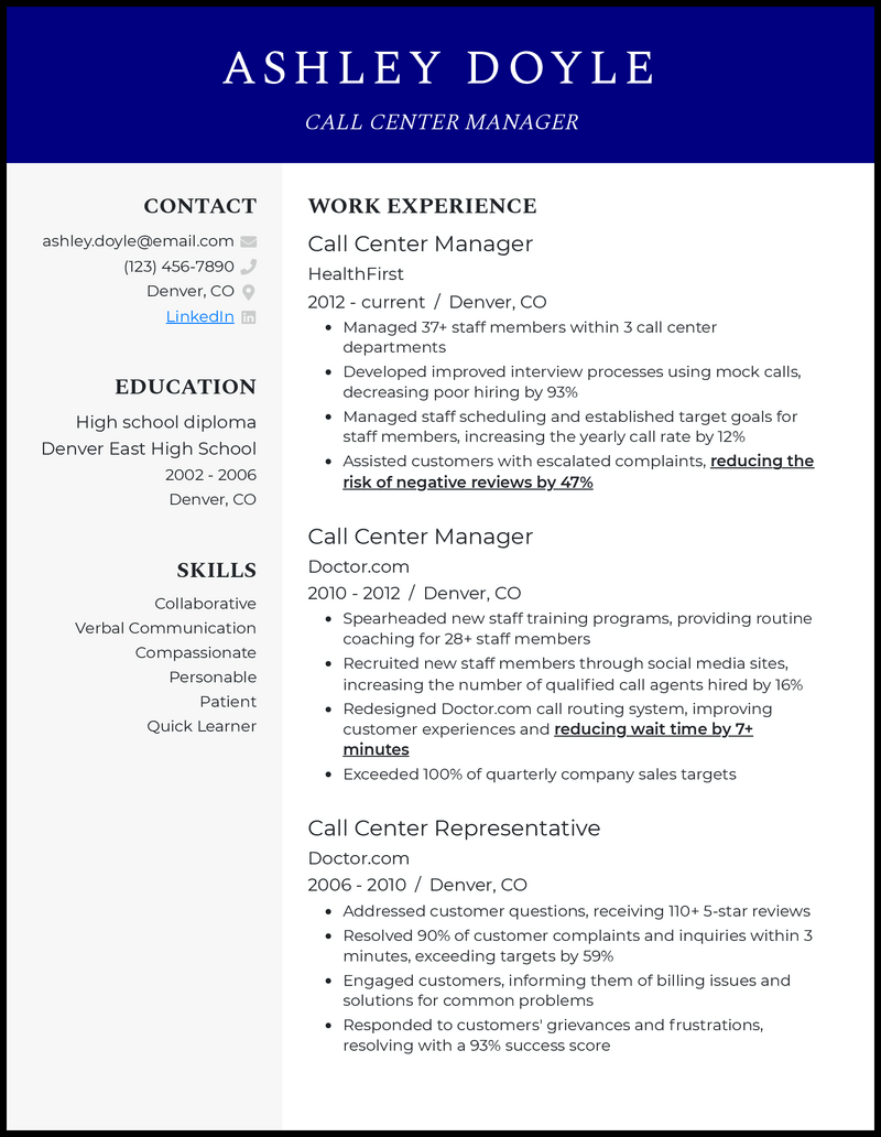 Clean call center manager resume example with 4+ years experience