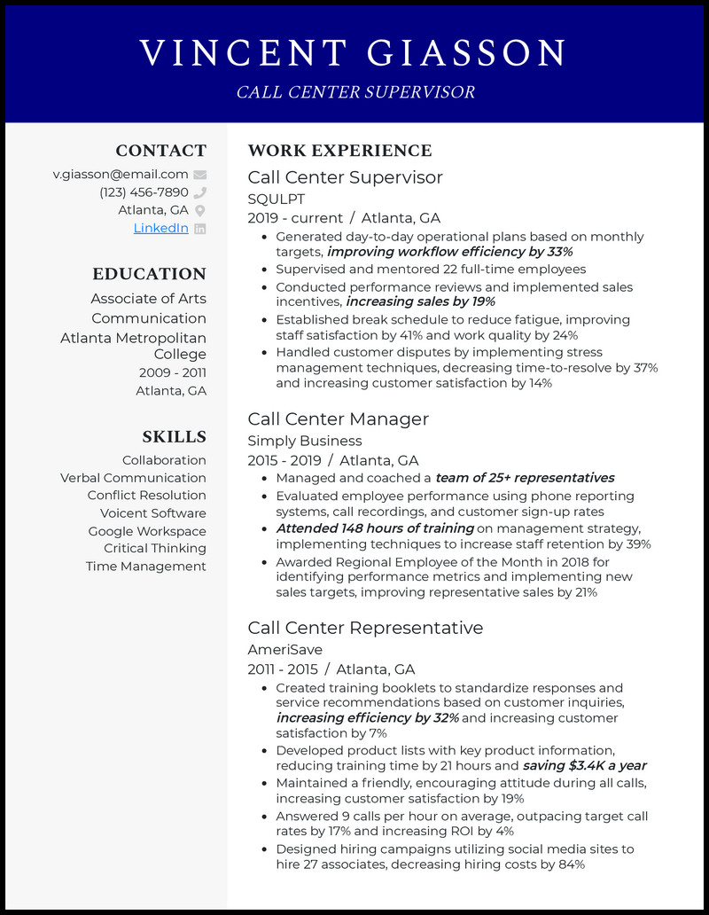 Call center supervisor resume example with 10+ years of experience