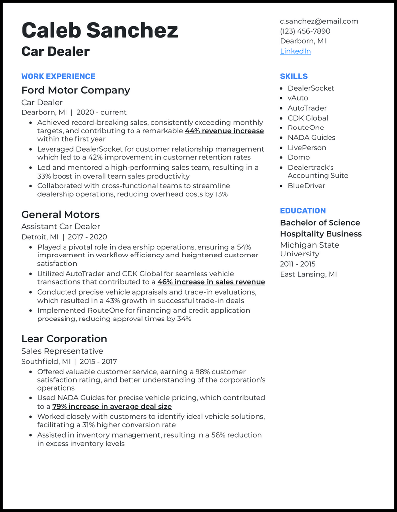 Car dealer resume example with 6 years of experience