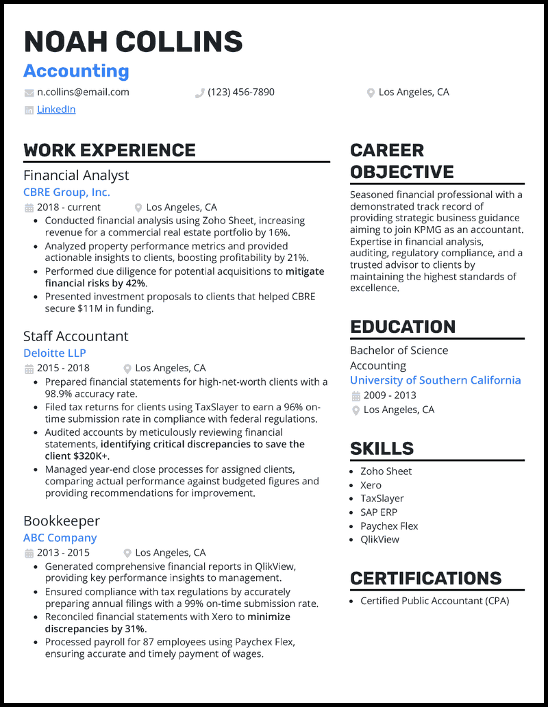 Career change to accounting resume example with 10+ years of experience