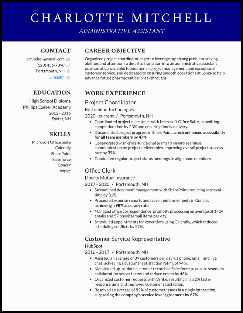 Career change to administrative assistant resume example with 7 years of experience