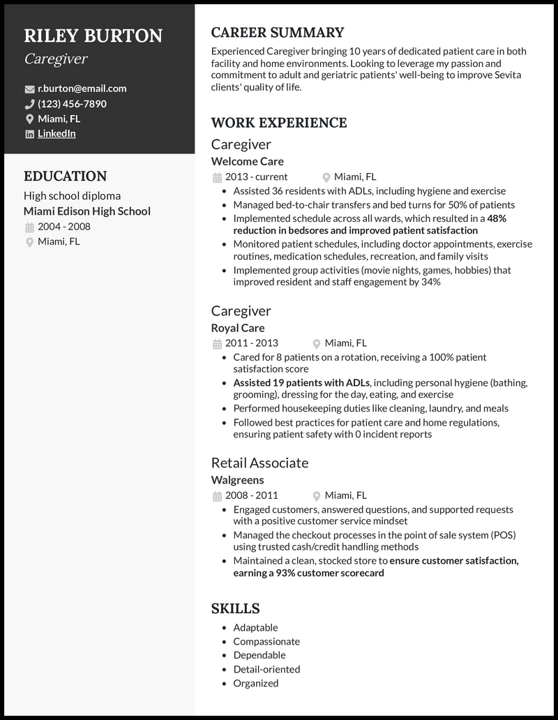 Caregiver resume example with 12 years of experience