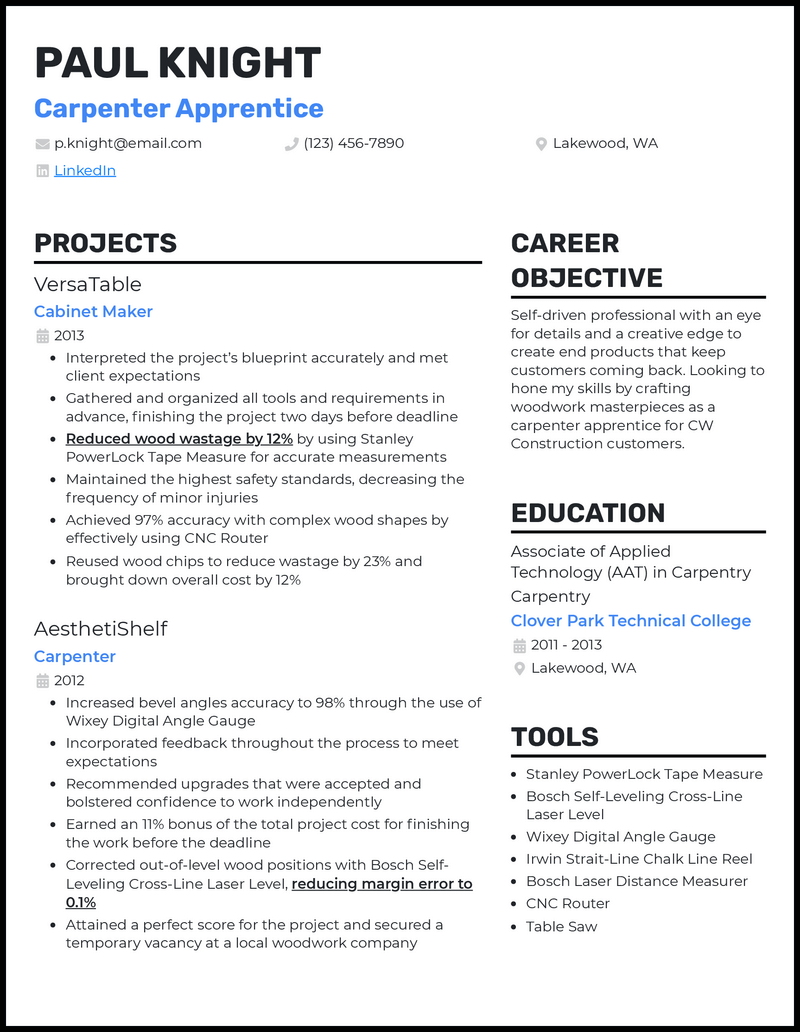 5 Carpenter Resume Examples Created to Work in 2024