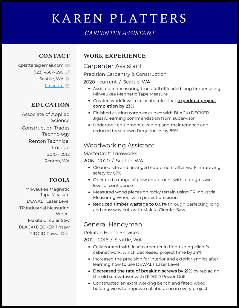 Carpenter assistant resume example with 3 years of experience