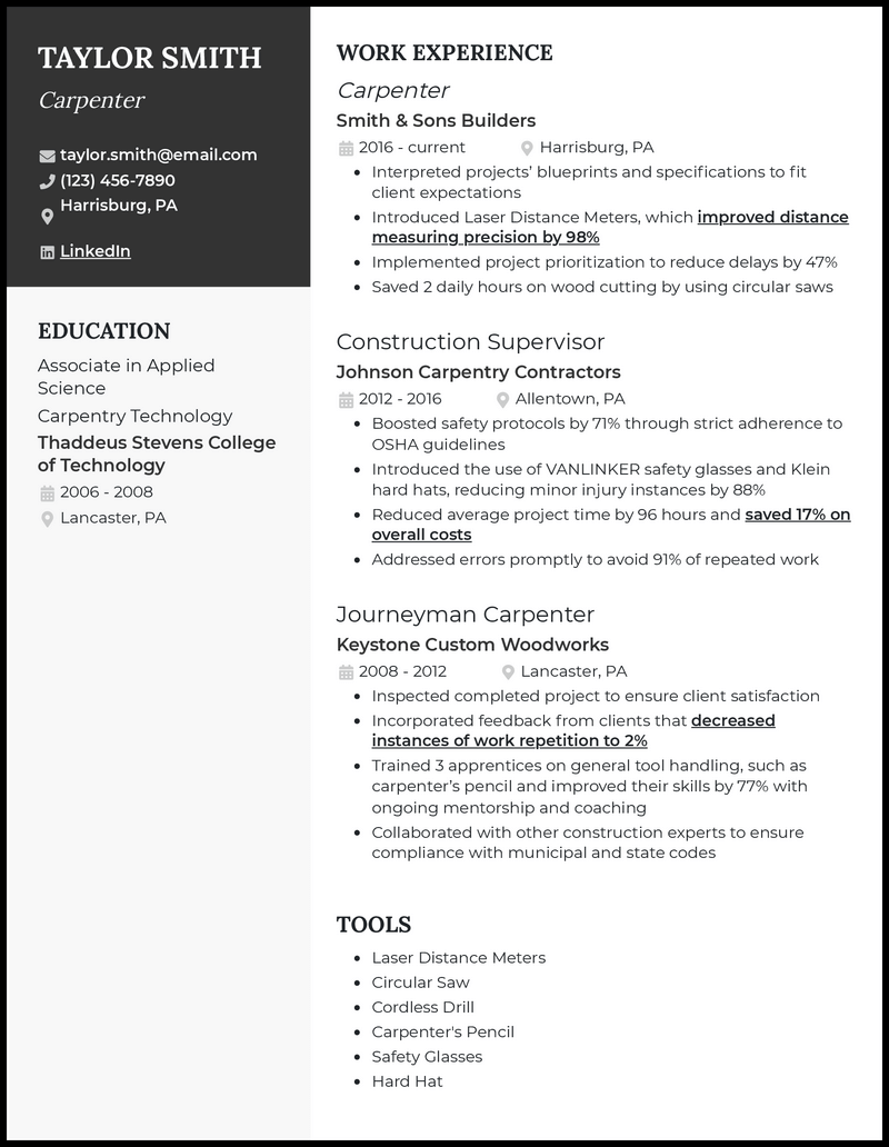 Carpenter resume example with 15+ years of experience