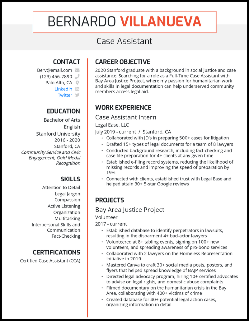 College student case assistant resume example