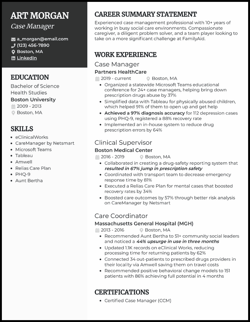 Case management resume example with 4 years of experience