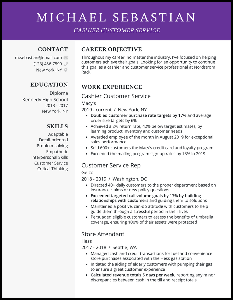 Cashier Cv Summary