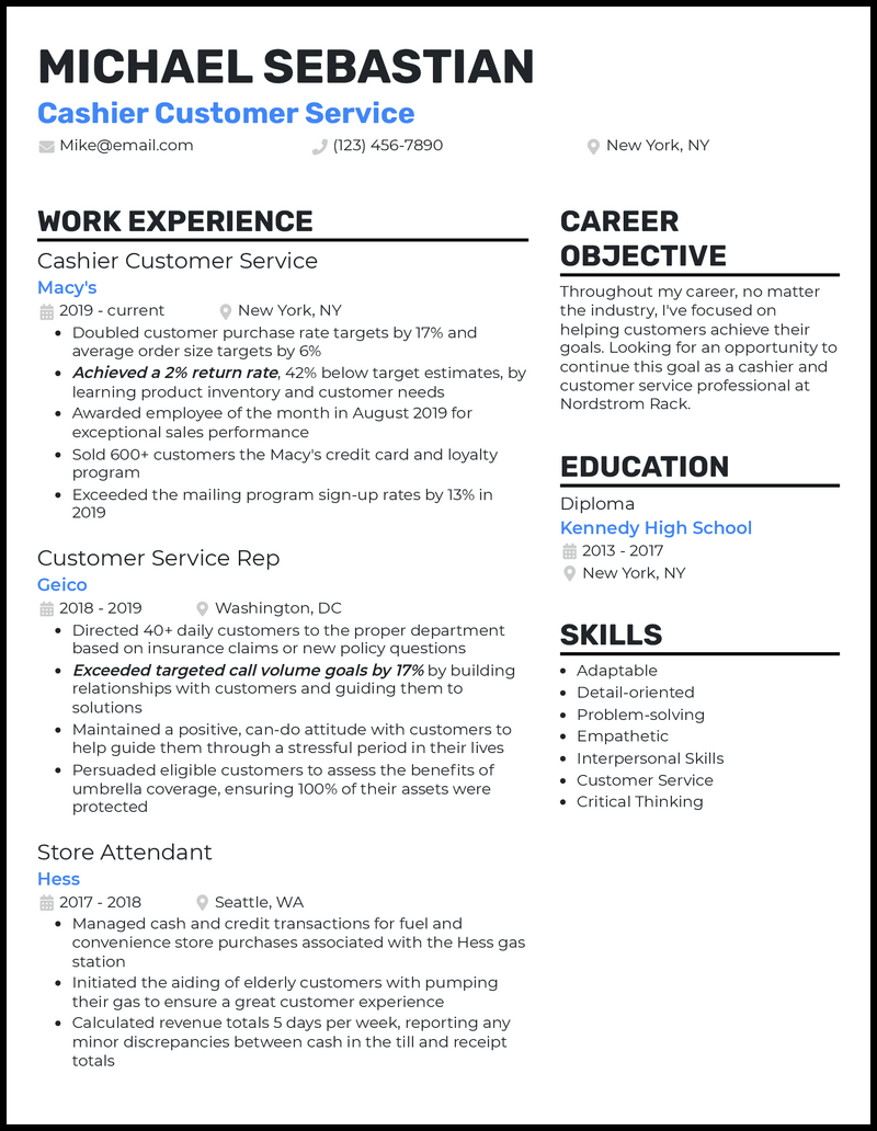 3 Cashier Customer Service Resume Examples Made For 2024