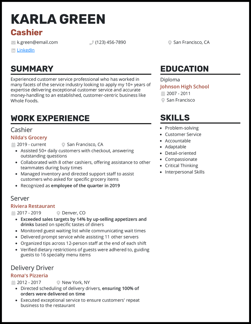 resume examples cashier