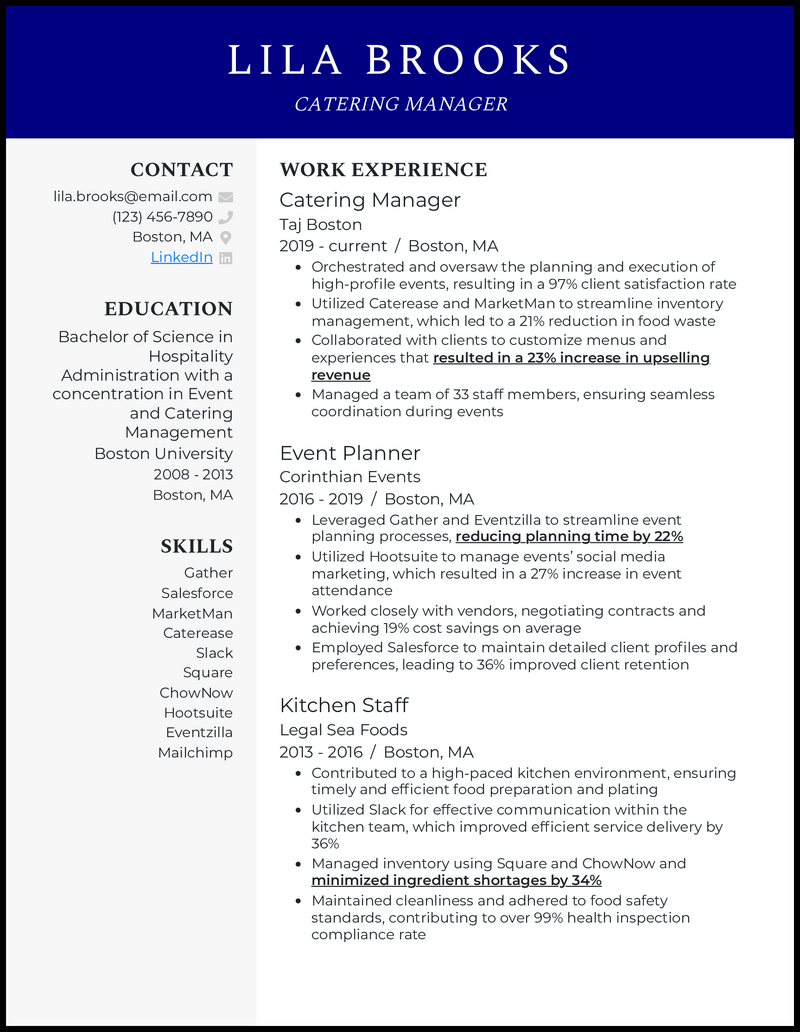 Catering manager resume example with event planning experience