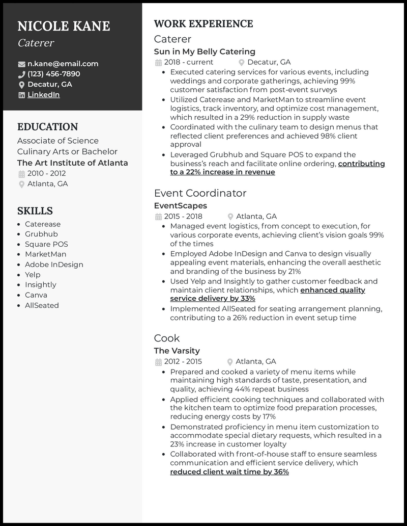 Catering resume example with event coordination experience