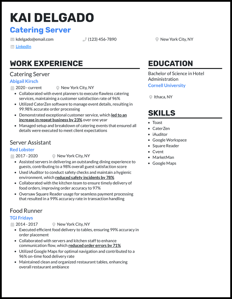 Catering server resume example with 9 years of experience