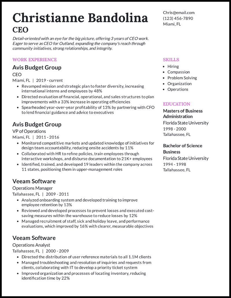 Ceo resume example with 3 years of experience