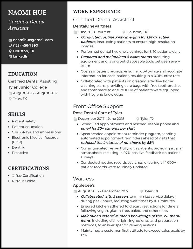 Certified dental assistant resume example with no experience