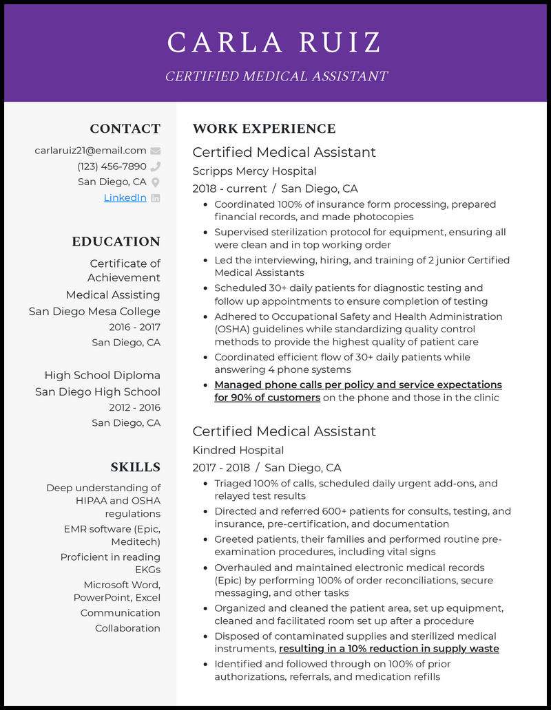 Clean certified medical assistant resume example with 6 years experience