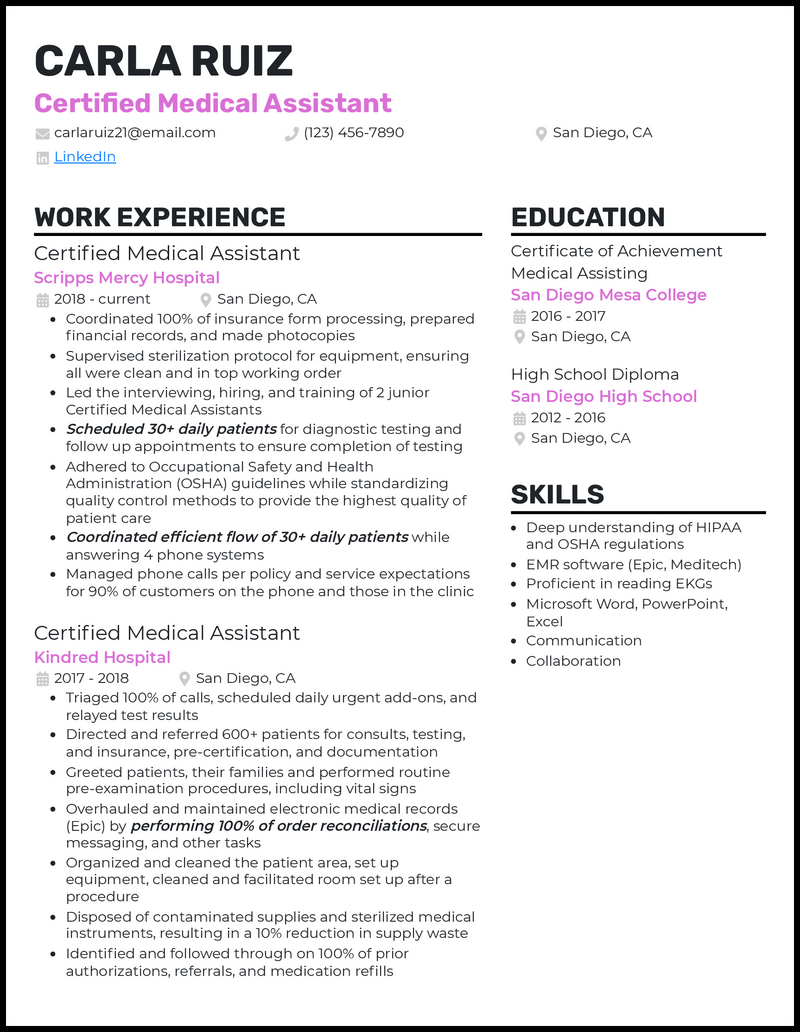 Elegant certified medical assistant resume example with 6 years experience