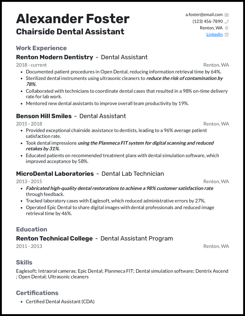 Chairside dental assistant resume example with 8 years of experience