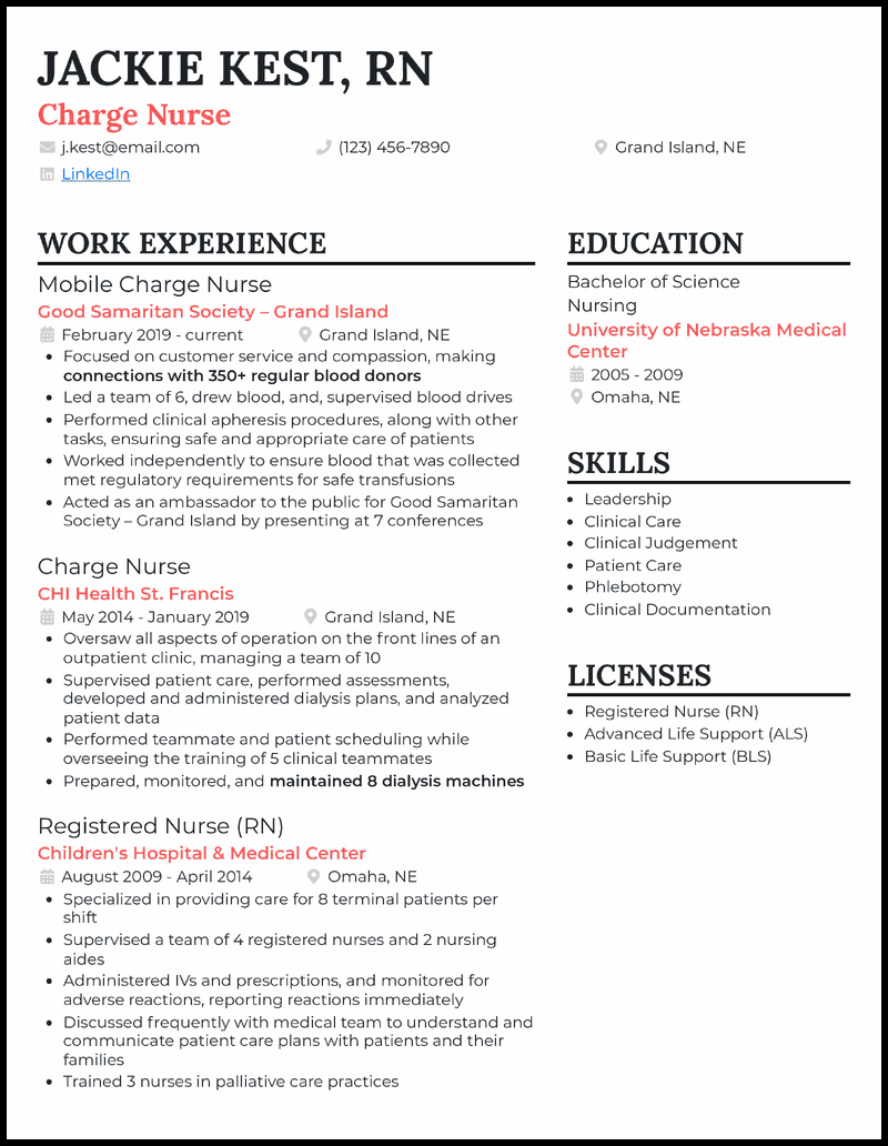 Charge nurse resume example with 5+ years experience