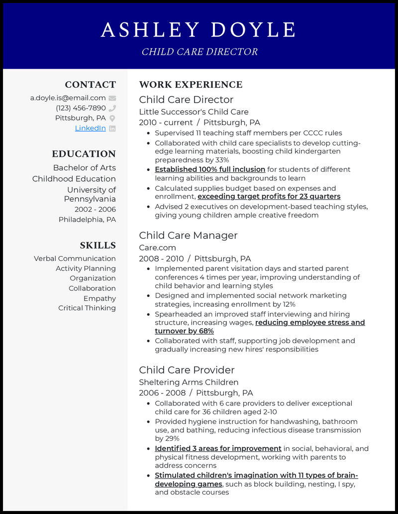 Modern child care director resume example with 4+ years experience