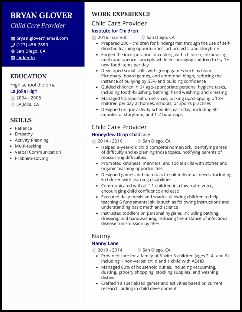 Child care provider resume example with 12 years of experience