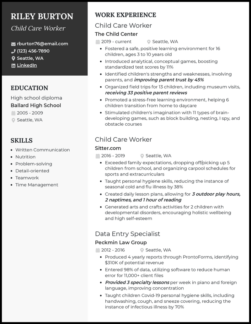 Clean child care worker resume example with 8+ years experience