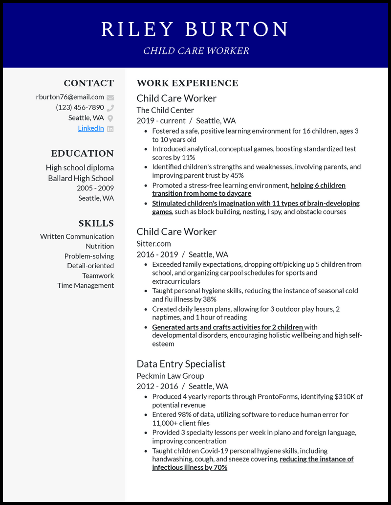 Modern child care worker resume example with 8+ years experience