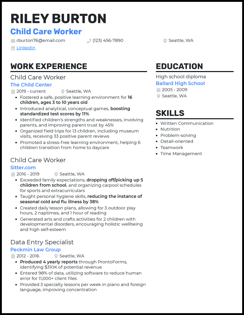 Child care worker resume example with 8+ years experience