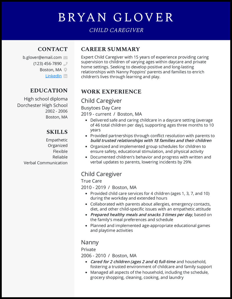 Child caregiver resume example with 15 years of experience