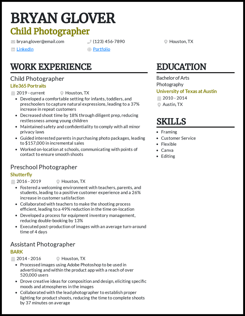 11 Real Photographer Resume Examples That Worked In 2024   Child Photographer Resume Example 