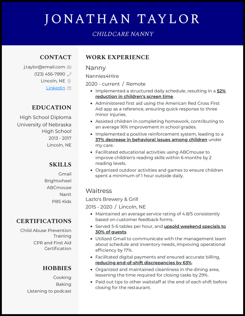 Childcare nanny resume example with  3 years of experience