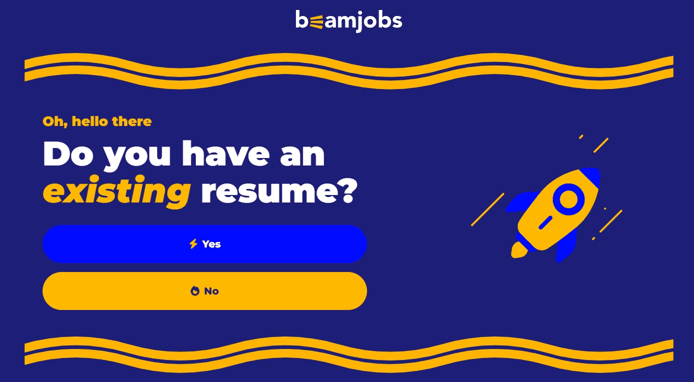 BeamJobs’ option to upload existing resume or start building from scratch