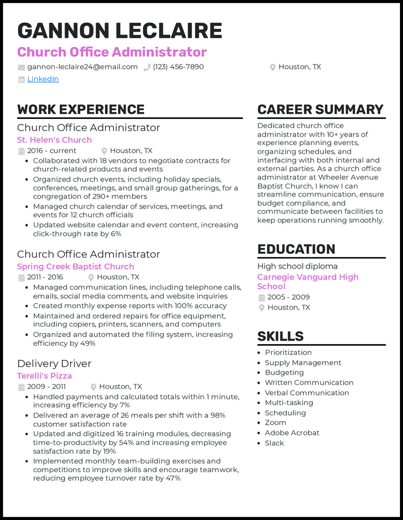 Church office administrator resume example with 11 years of experience