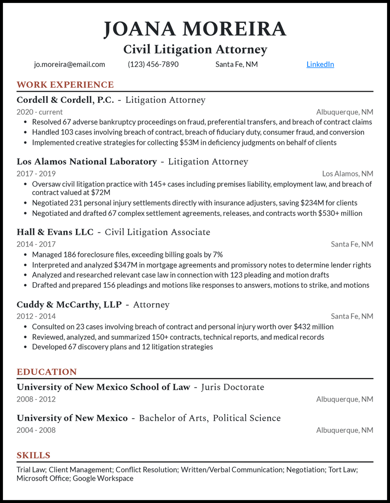 3 Civil Litigation Attorney Resume Examples For 2024   Civil Litigation Attorney Professional Resume Example 
