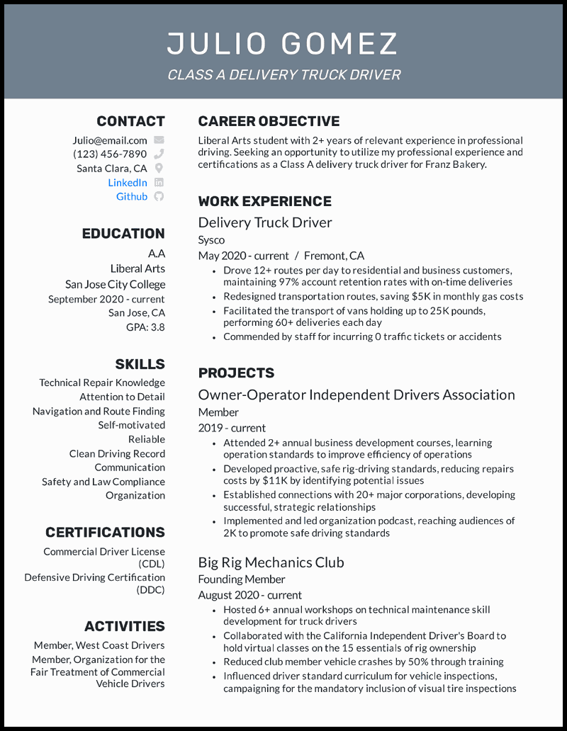 Truck Driver Resume Examples for 2023 (Template and Guide)