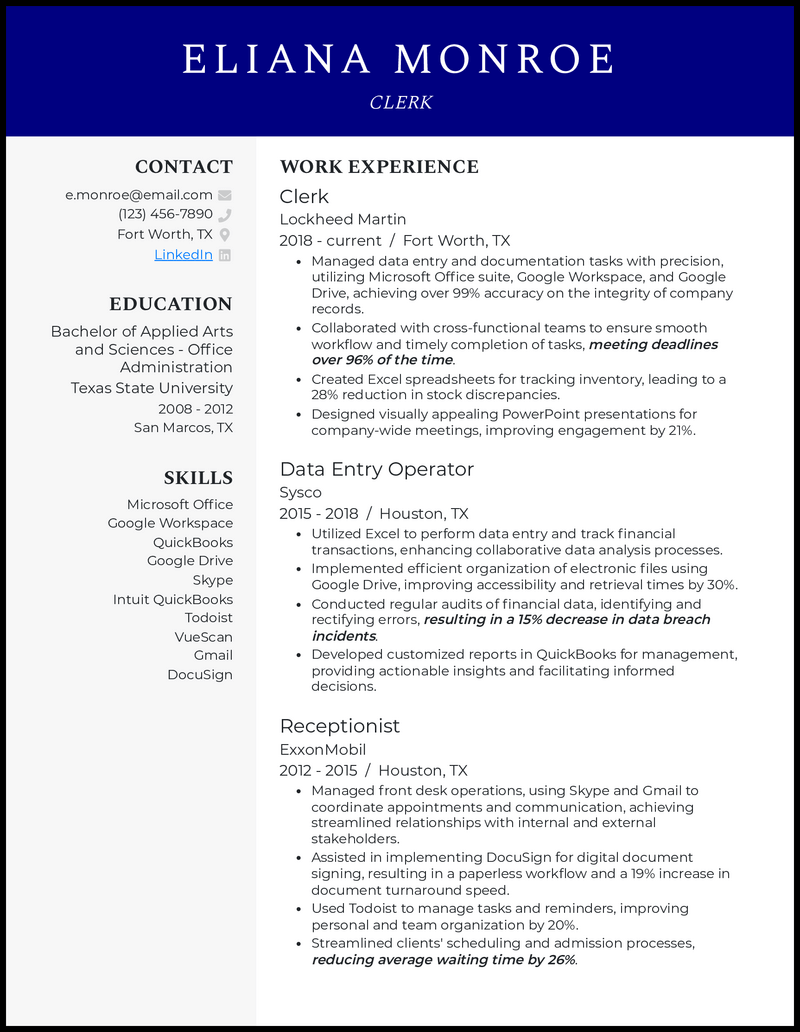 Clerk resume example with data entry experience