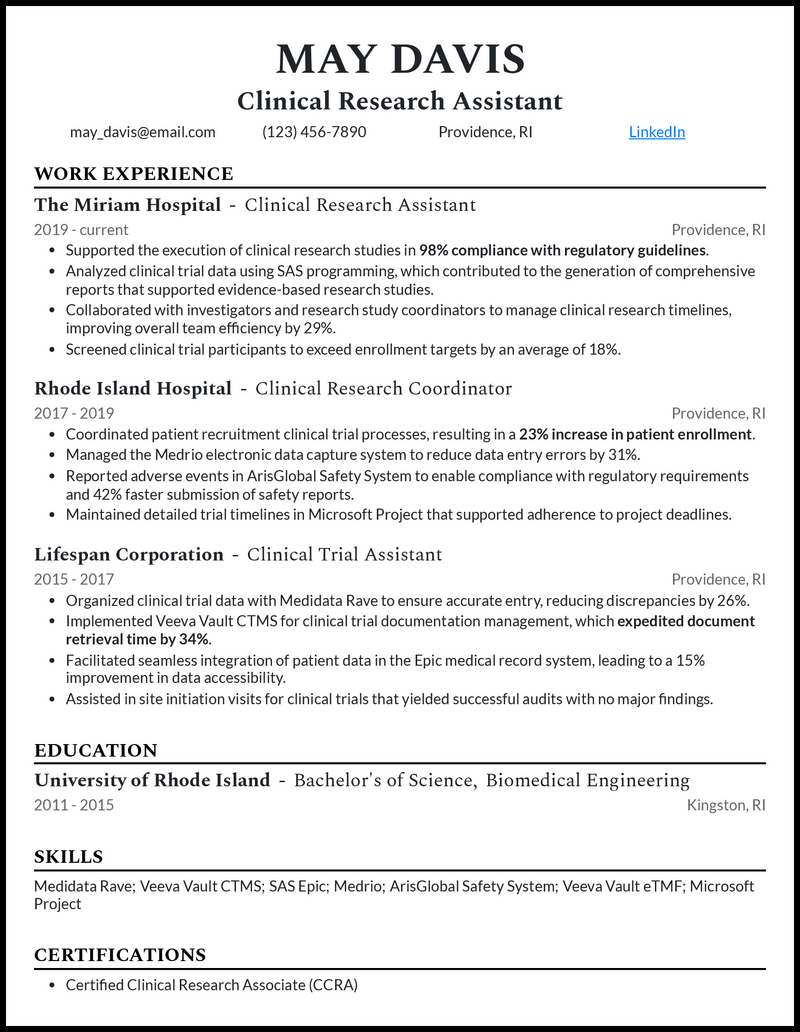 Clinical research assistant resume example with 8 years of experience