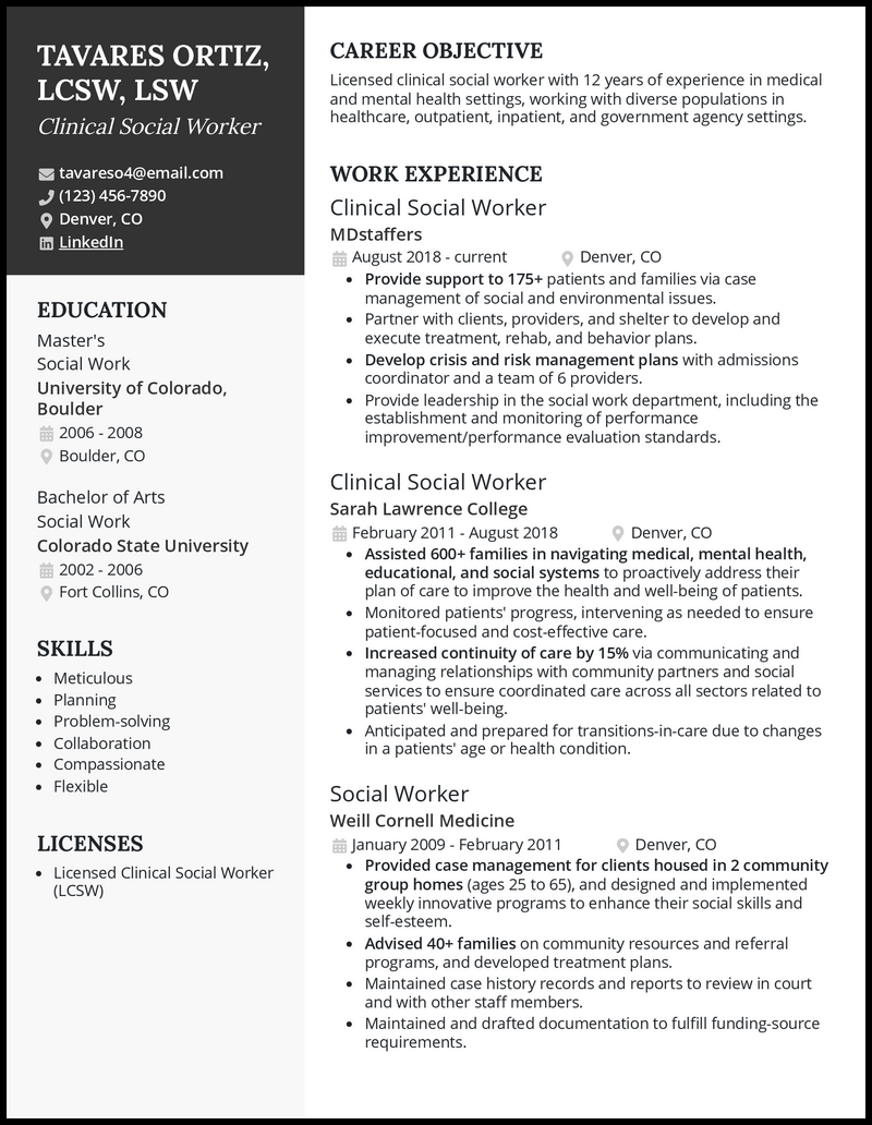 Clinical social worker resume example with 5+ years experience