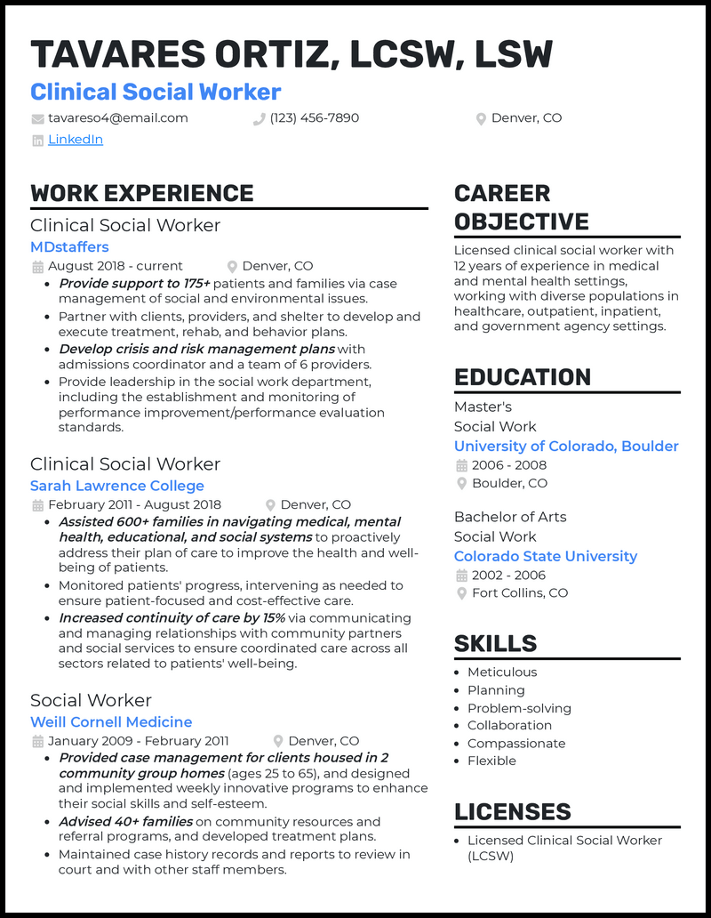 Modern clinical social worker resume example