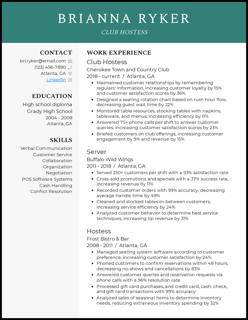 hostess server job description for resume