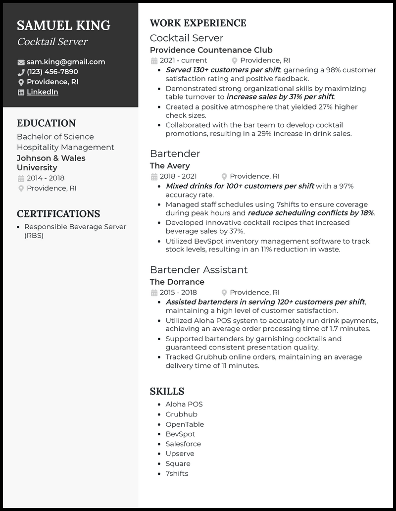 Cocktail server resume example with 8+ years experience