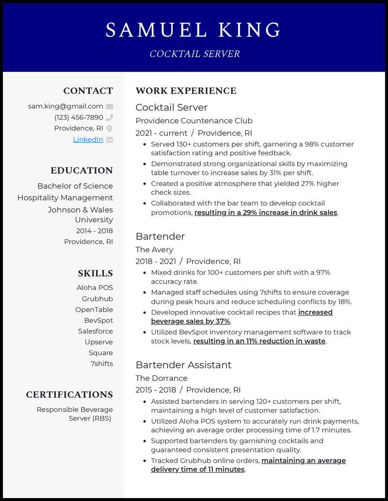 Professional cocktail server resume example with 8+ years experience