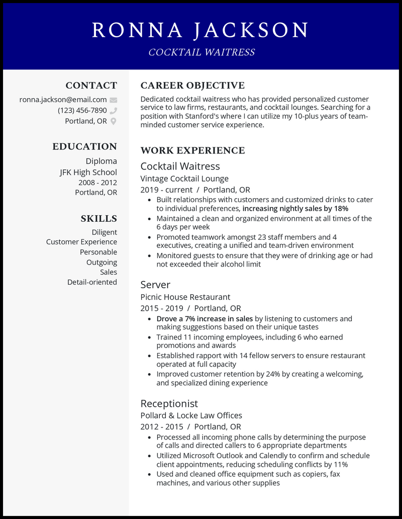 Cocktail waitress resume example with 8 years of experience