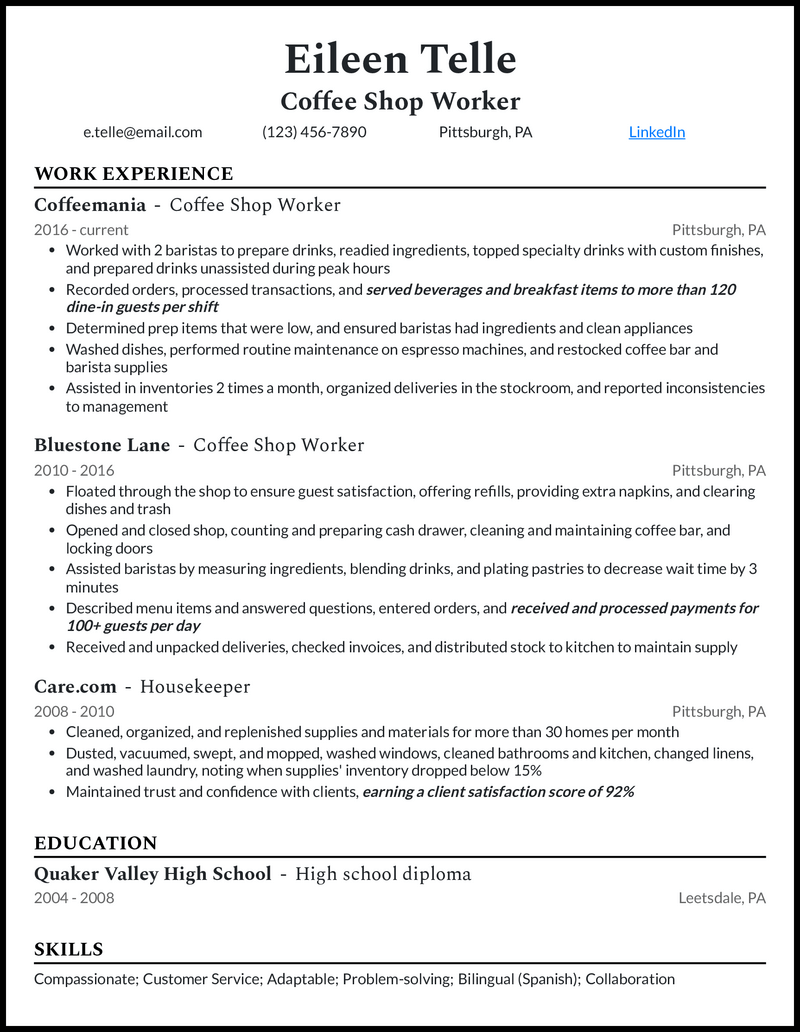 Coffee shop worker resume example with 13 years of experience