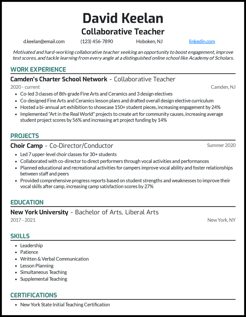 Collaborative teacher resume example with 3 years of experience