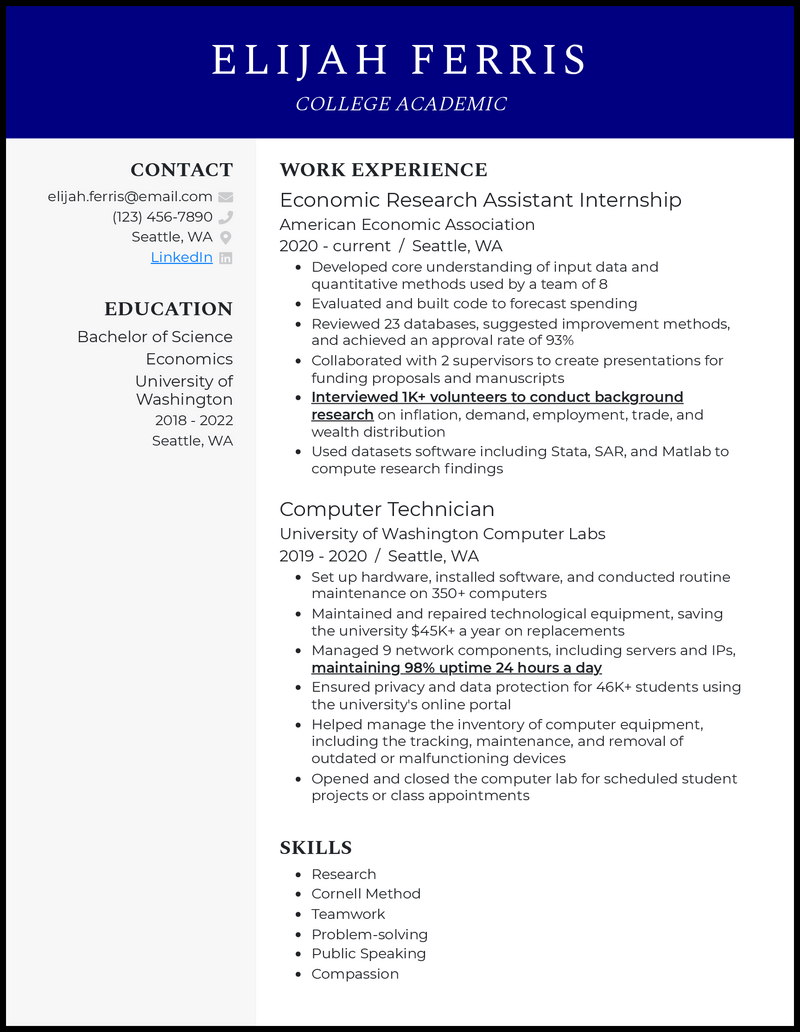 Clean college academic resume example with 4+ years experience