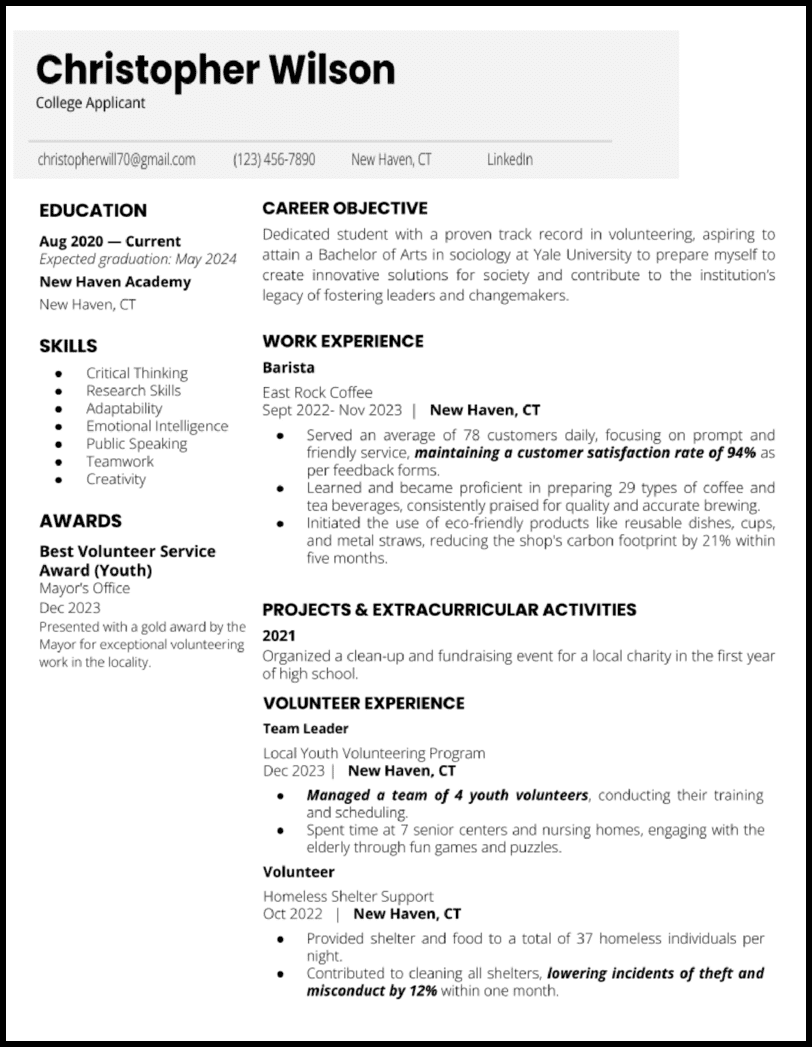 College application Google Docs resume template with project and extracurricular experience